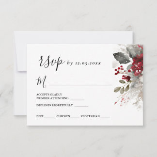 Cartão RSVP Casamento Floral de Inverno de Silver Red Christma