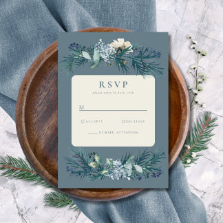 Cartão RSVP Casamento Floral de Inverno em Azul Cinza Desbotad