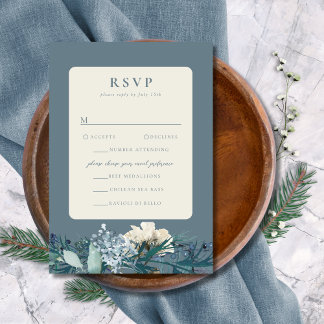 Cartão RSVP Casamento Floral de Inverno em Azul Cinza Empoeira