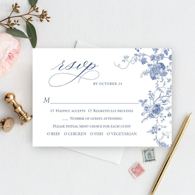 Cartão RSVP Casamento Floral de Jardim Azul e Vitoriano (Criador carregado)