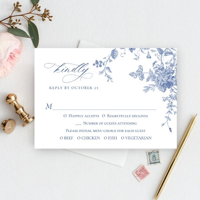 Cartão RSVP Casamento Floral de Jardim Azul e Vitoriano (Criador carregado)