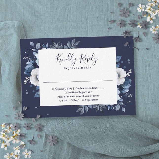 Cartão RSVP Casamento Floral de Jardim do Campo Elegante Azul- (Navy Blue Elegant Country Garden Floral Wedding RSVP Card)