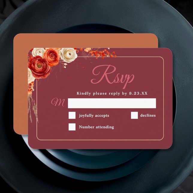 Cartão RSVP Casamento floral de laranja de outono elegante (Criador carregado)