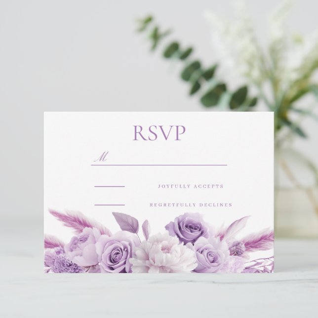 Cartão RSVP Casamento Floral de Lavanda Roxo do Designer (Em pé/Frente)