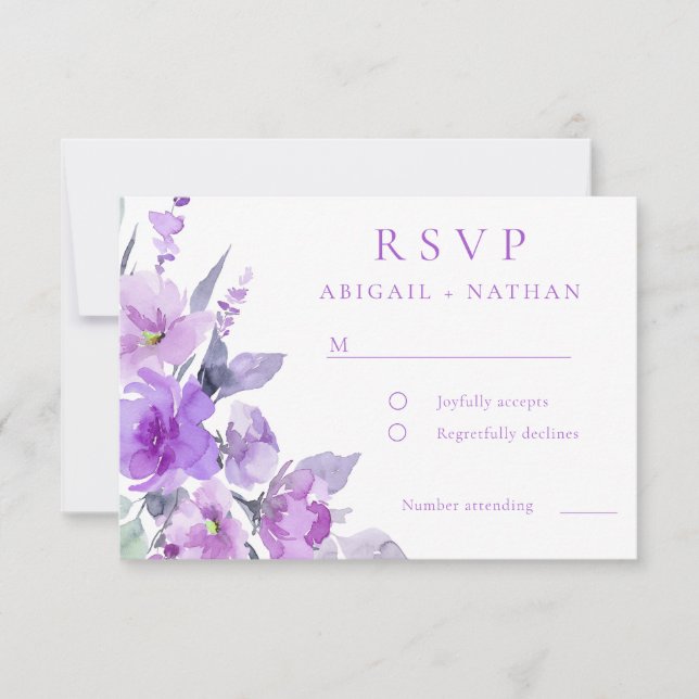 Cartão RSVP Casamento Floral de Lavanda Roxo Gordo (Frente)