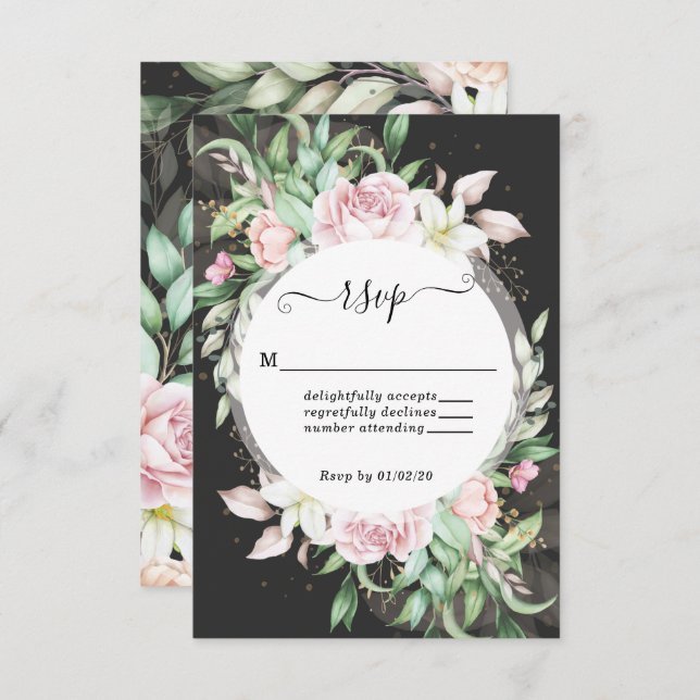 Cartão RSVP Casamento Floral de Luxo Negro e Rosa (Frente/Verso)