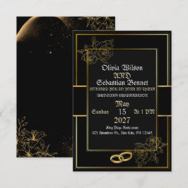 Cartão RSVP Casamento Floral de Luxo Preto e Dourado Elegante