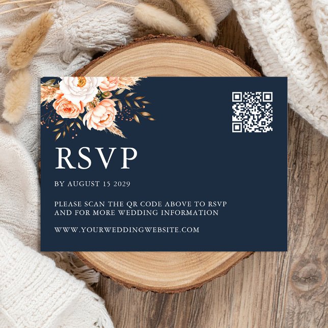 Cartão RSVP Casamento Floral de Marinho Azul Boho Chic (Criador carregado)