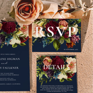 Cartão RSVP Casamento Floral de Marinho Azul de inverno com Mo