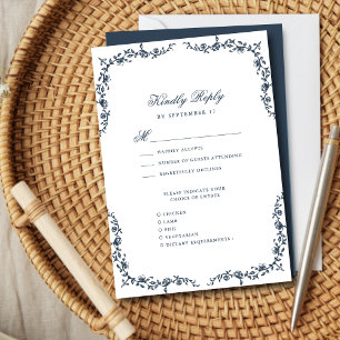 Cartão RSVP Casamento Floral de marinho Azul Elegante Vintage