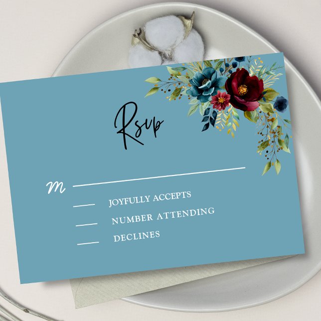 Cartão RSVP Casamento floral de marinho azul empoeirado Elegan (Criador carregado)