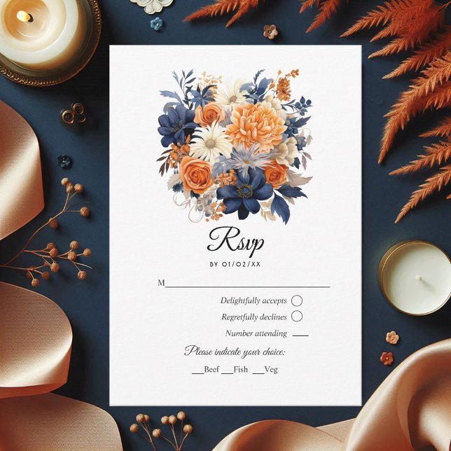 Cartão RSVP Casamento Floral de marinho Azul, Laranja Queimado (Navy Blue, Burnt Orange & Champagne Floral Wedding RSVP Card)