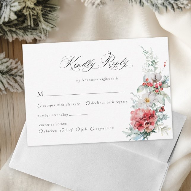 Cartão RSVP Casamento Floral de Natal Elegante (Criador carregado)