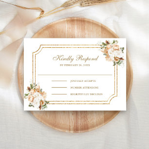 Cartão RSVP Casamento Floral de Natal em Ouro Marfim Branco