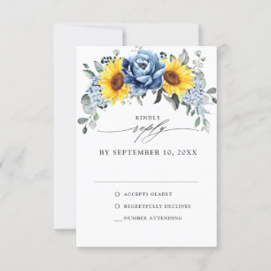 Cartão RSVP Casamento Floral de Peônia em Azul Desbotado e Gir