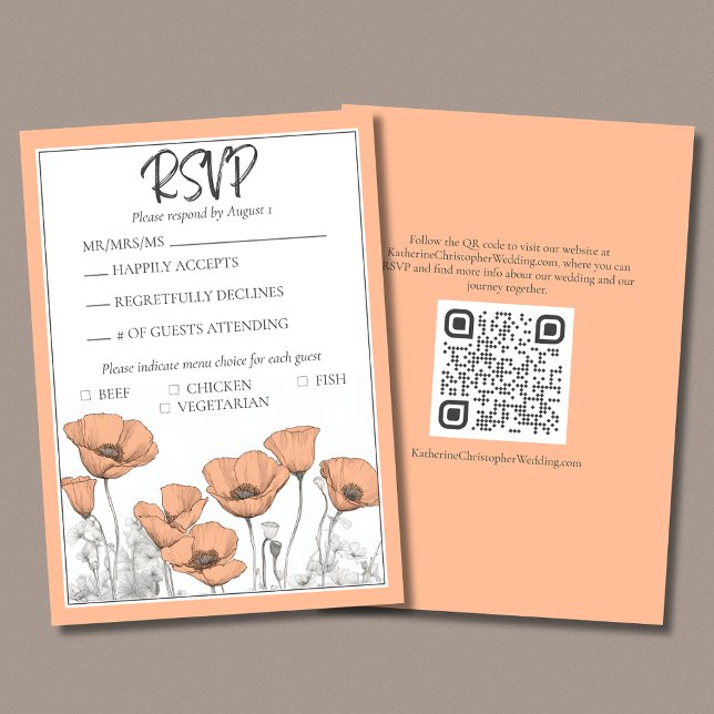Cartão RSVP Casamento Floral de Pêppy Peach da Califórnia Pers (Custom California Poppies Floral Wedding RSVP Card in Peach Fuzz with QR code for wedding website.)