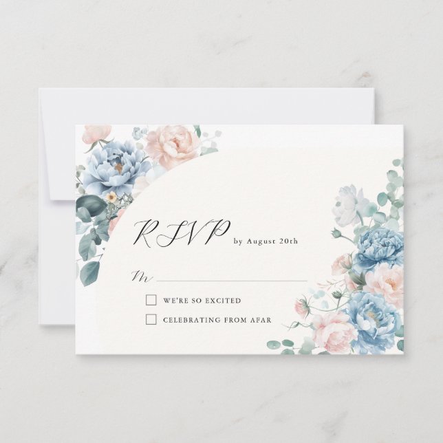 Cartão RSVP Casamento Floral de Pêssego Azul Geométrico (Frente)