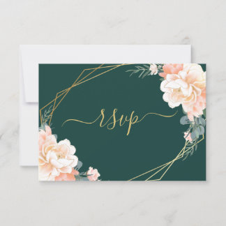 Cartão RSVP Casamento Floral de Pêssego Verde-Escamudo-Emerald