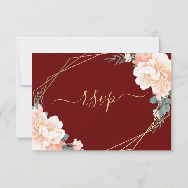 Cartão RSVP Casamento Floral de Pessegueiro Dourado Elegante (Frente)