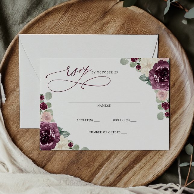 Cartão RSVP Casamento Floral de Plum Botânico Moderno Elegante (Elegant Modern Botanical Plum Floral Wedding RSVP Card)