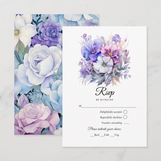 Cartão RSVP Casamento Floral de Prata, Azul Icy e Lilac (Frente/Verso)