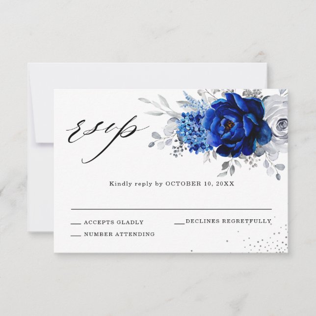 Cartão RSVP Casamento Floral de Prata Branca Real (Frente)