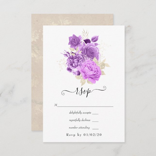 Cartão RSVP Casamento Floral de Púrpura e de Marfim (Frente/Verso)