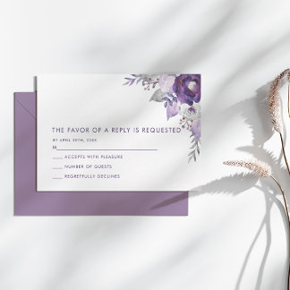 Cartão RSVP Casamento Floral de Púrpura e Silver Watercolor