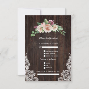 Cartão RSVP Casamento Floral de Renda de Madeira com Champanhe