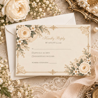 Cartão RSVP Casamento Floral de Renda Romântico em Marfim Anti