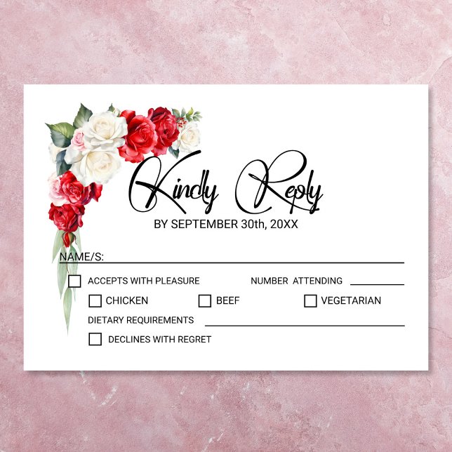 Cartão RSVP Casamento Floral de Rosa Branca Vermelha (Criador carregado)