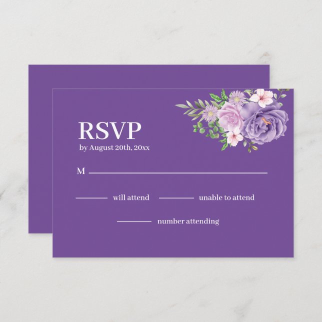 Cartão RSVP Casamento Floral de Rosa Dusty Blooms Roxo (Frente/Verso)