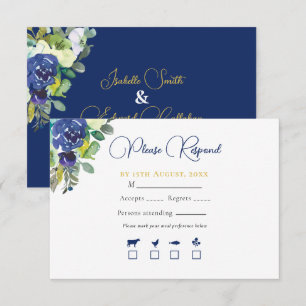 Cartão RSVP Casamento Floral de Rosa em Aquarela Azul Marinho