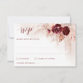 Cartão RSVP Casamento Floral de Rosas Burgundy com Grama Pampa