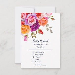 Cartão RSVP Casamento floral de rosas vermelhos e roxos cor-de