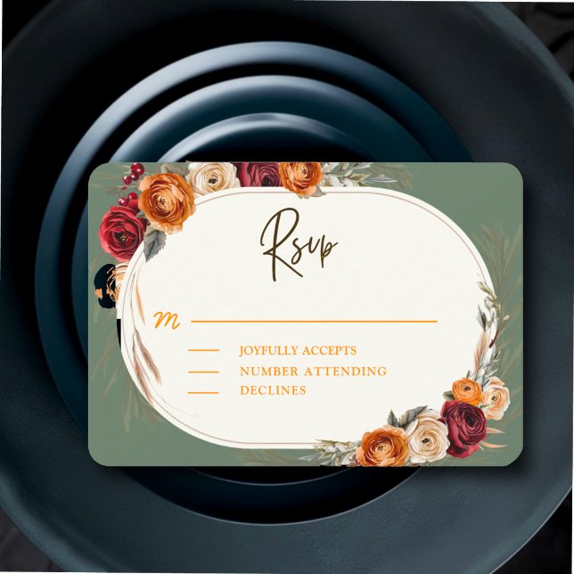 Cartão RSVP Casamento floral de sábado laranja no outono elega (Criador carregado)