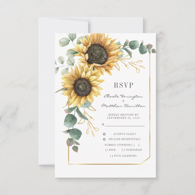 Cartão RSVP Casamento Floral de Sunflower Eucalyptus (Frente)