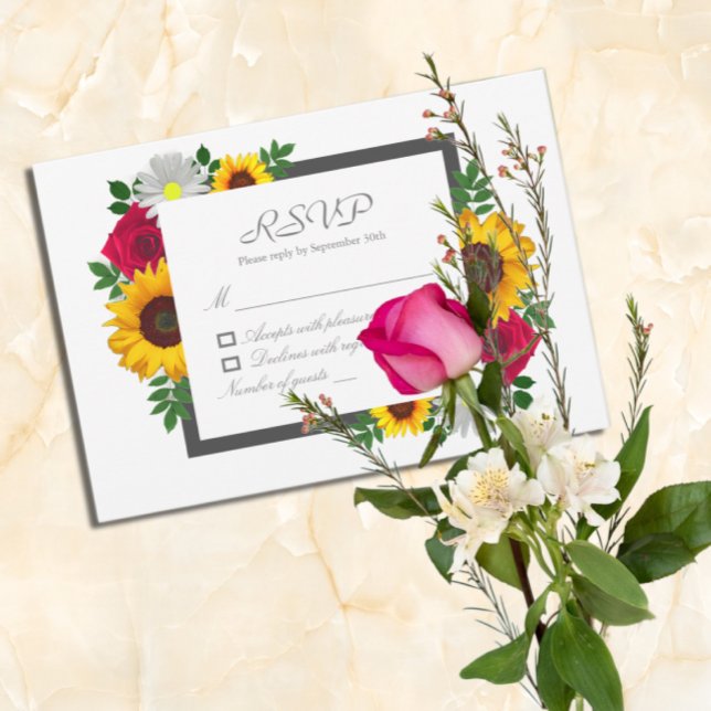 Cartão RSVP Casamento Floral de Sunflower Rosa Daisy Autumn (Criador carregado)