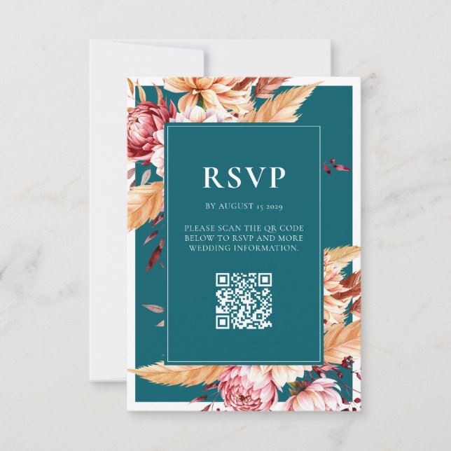 Cartão RSVP Casamento Floral de Teal Boho Chic (Frente)