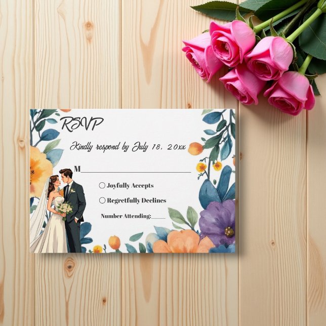 Cartão RSVP Casamento Floral de Verão com Casal Romântico (Criador carregado)