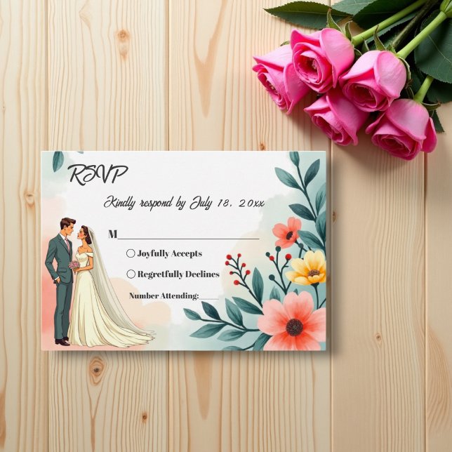 Cartão RSVP Casamento Floral de Verão com Casal Romântico (Criador carregado)