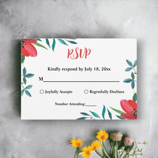 Cartão RSVP Casamento Floral de Verão com Rosa vermelha de Aqu (Criador carregado)