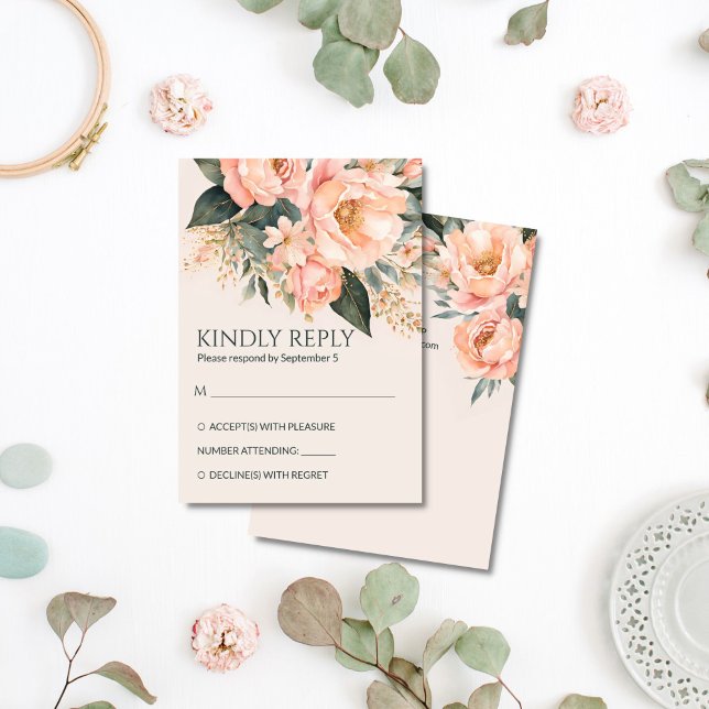 Cartão RSVP Casamento floral de verão floral de pêssego Boho (Boho peach peonies earthy floral summer spring wedding RSVP card qr rsvp cards)