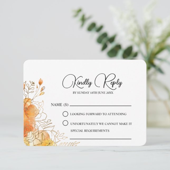 Cartão RSVP Casamento Floral de Verona Sunset Dourado Watercol (Em pé/Frente)