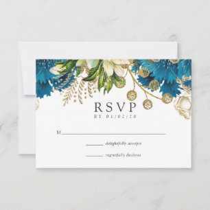 Cartão RSVP Casamento Floral Desgastado em Turquesa e Dourado