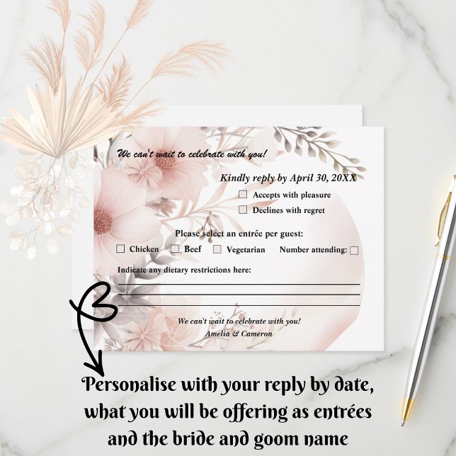 Cartão RSVP Casamento Floral do Elegante Blush & Beige Boho (Set the tone for your romantic celebration with our elegant boho blush & beige wedding suite)