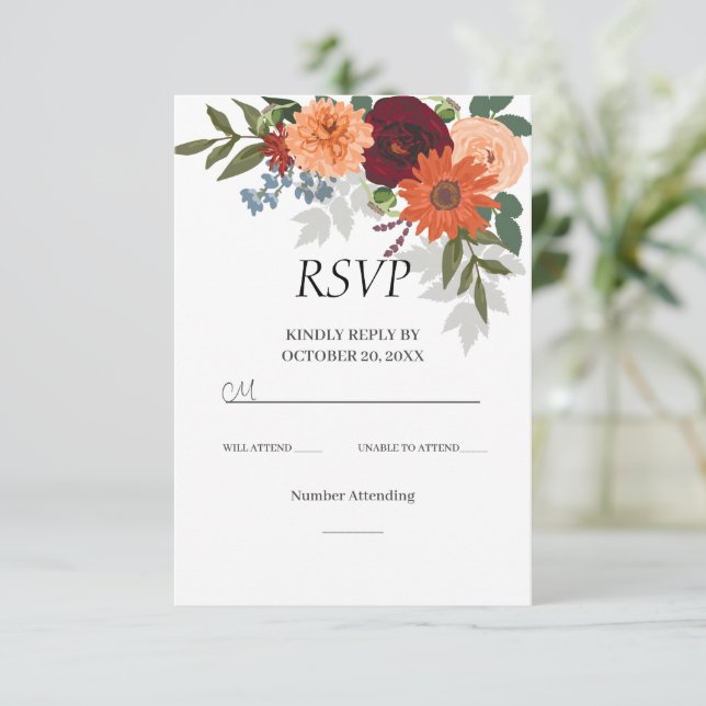 Cartão RSVP Casamento Floral do Jardim de Queda Burgundy (Em pé/Frente)