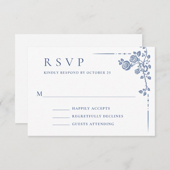 Cartão RSVP Casamento Floral do Jardim Francês Azul Elegante V (Frente/Verso)