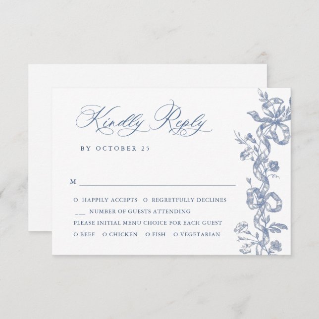 Cartão RSVP Casamento Floral do Jardim Francês Azul Elegante V (Frente/Verso)