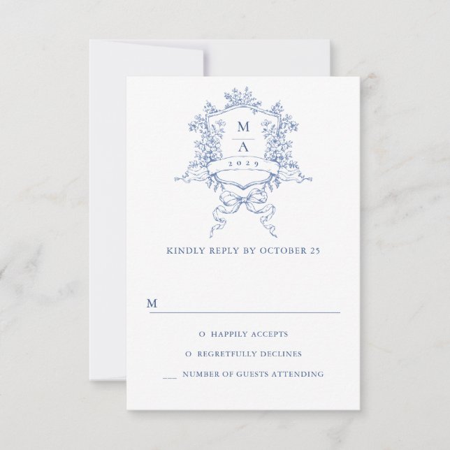 Cartão RSVP Casamento Floral do Jardim Francês Azul Elegante V (Frente)